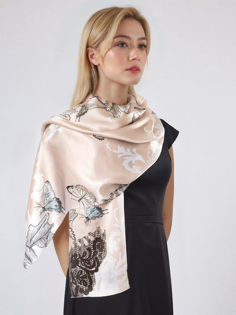 Foulard en soie Dentelle taupe noir, 55x175cm, foulard d'été