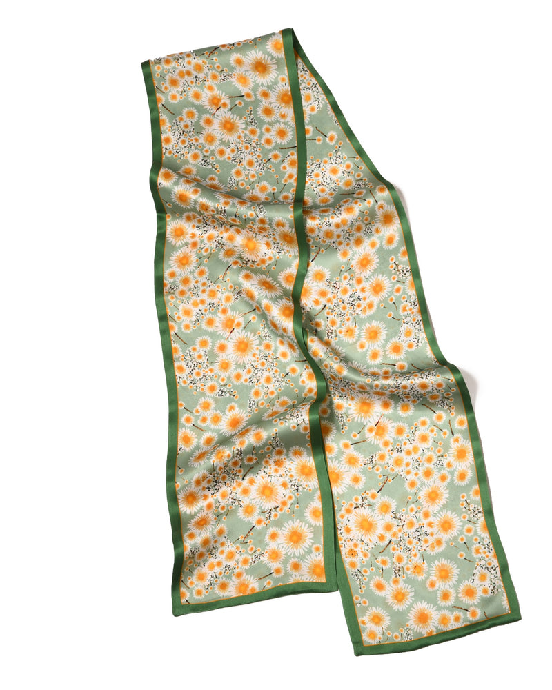 Seidenschal schmal, Gänseblümchen, grün, orange, weiss, beiseitig 16 x 145 cm, Sommerschal