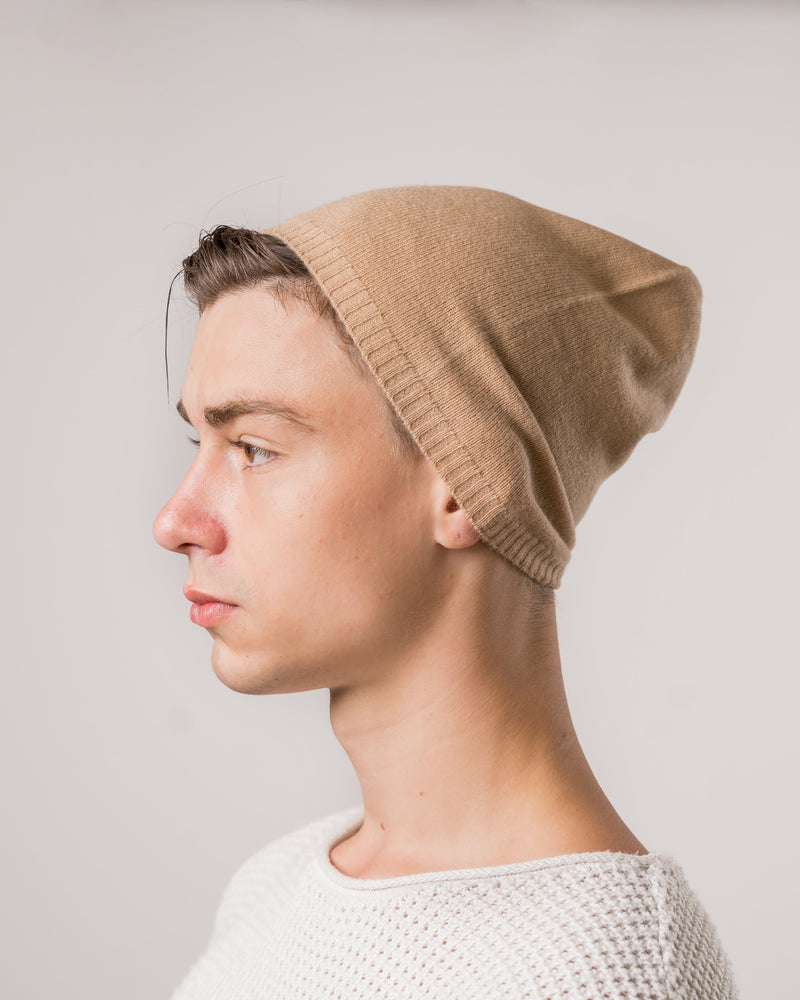 Beanie-Mütze aus 100% Kaschmir mit Rand Beige