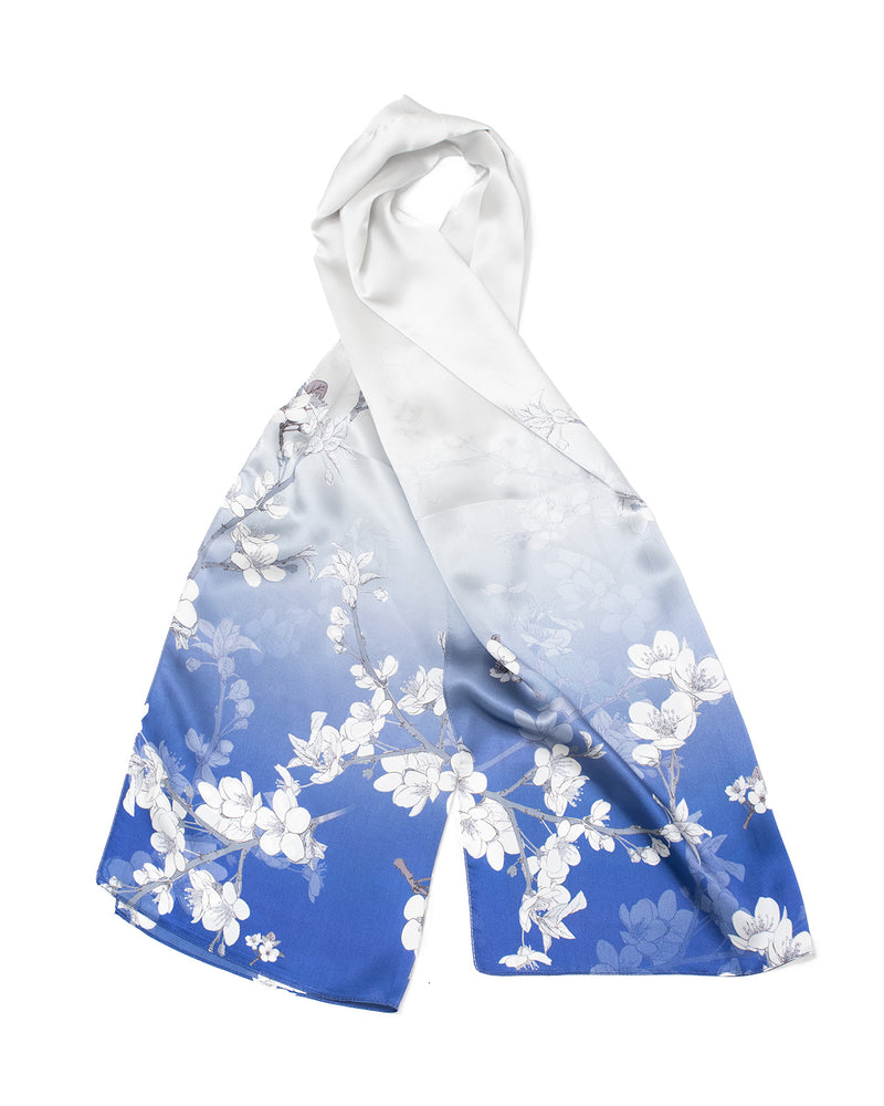 Silk scarf almond blossom 55 x 175 cm, blue all year round