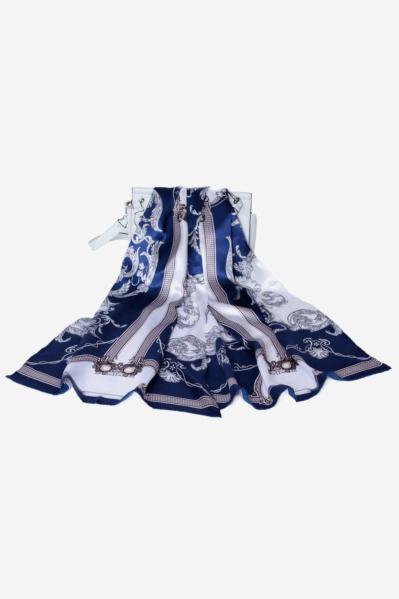 Foulard en soie fleuri bleu nuit blanc, 55 x 175 cm