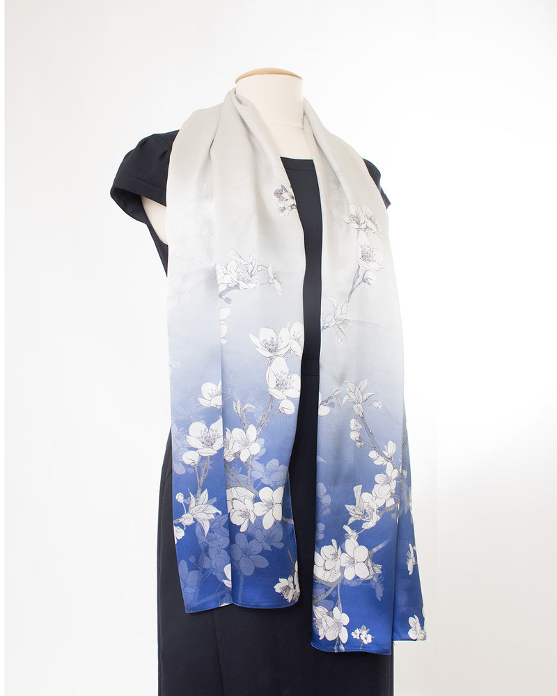 Silk scarf almond blossom 55 x 175 cm, blue all year round