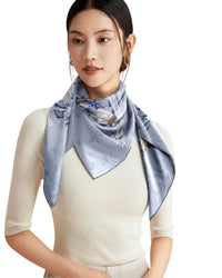 Premium silk scarf with hand-rolled edge square 86x86, summer blossom blue